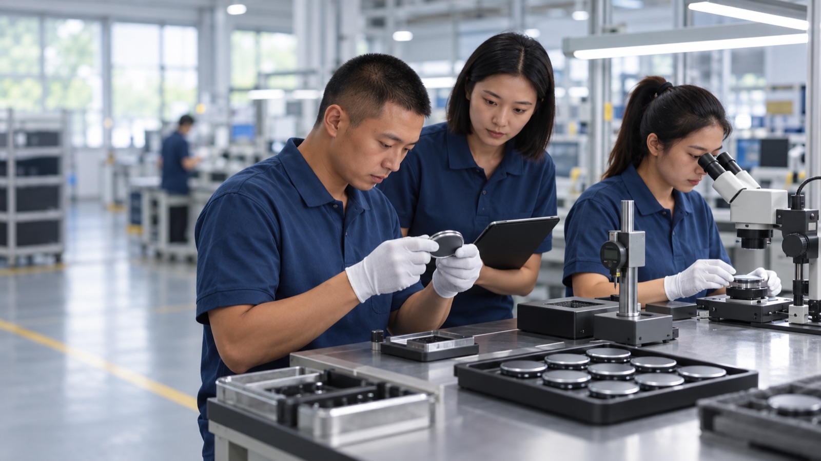 Técnicos de calidad de SENZANS inspeccionando componentes metálicos terminados