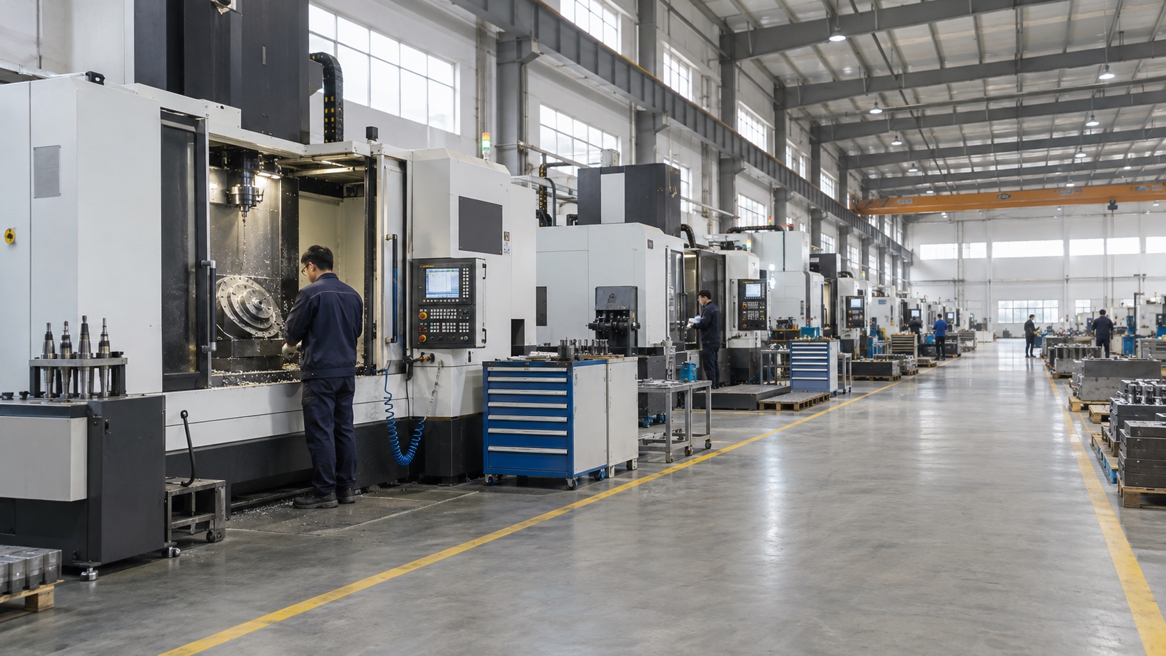 Vista ilustrativa de un amplio taller de mecanizado CNC